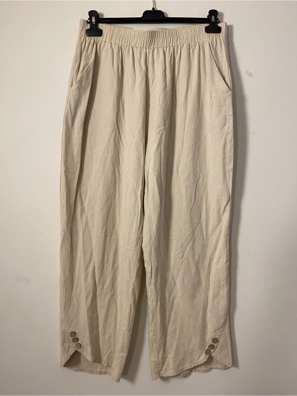 Light Cream Elastic Waist Linen Blend Pants